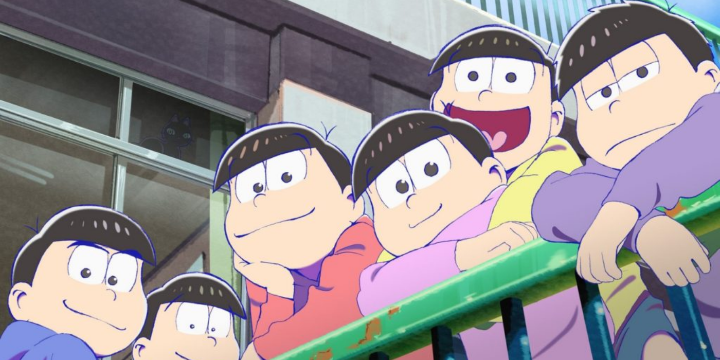 Osomatsu-san with all of his siblings over a railing