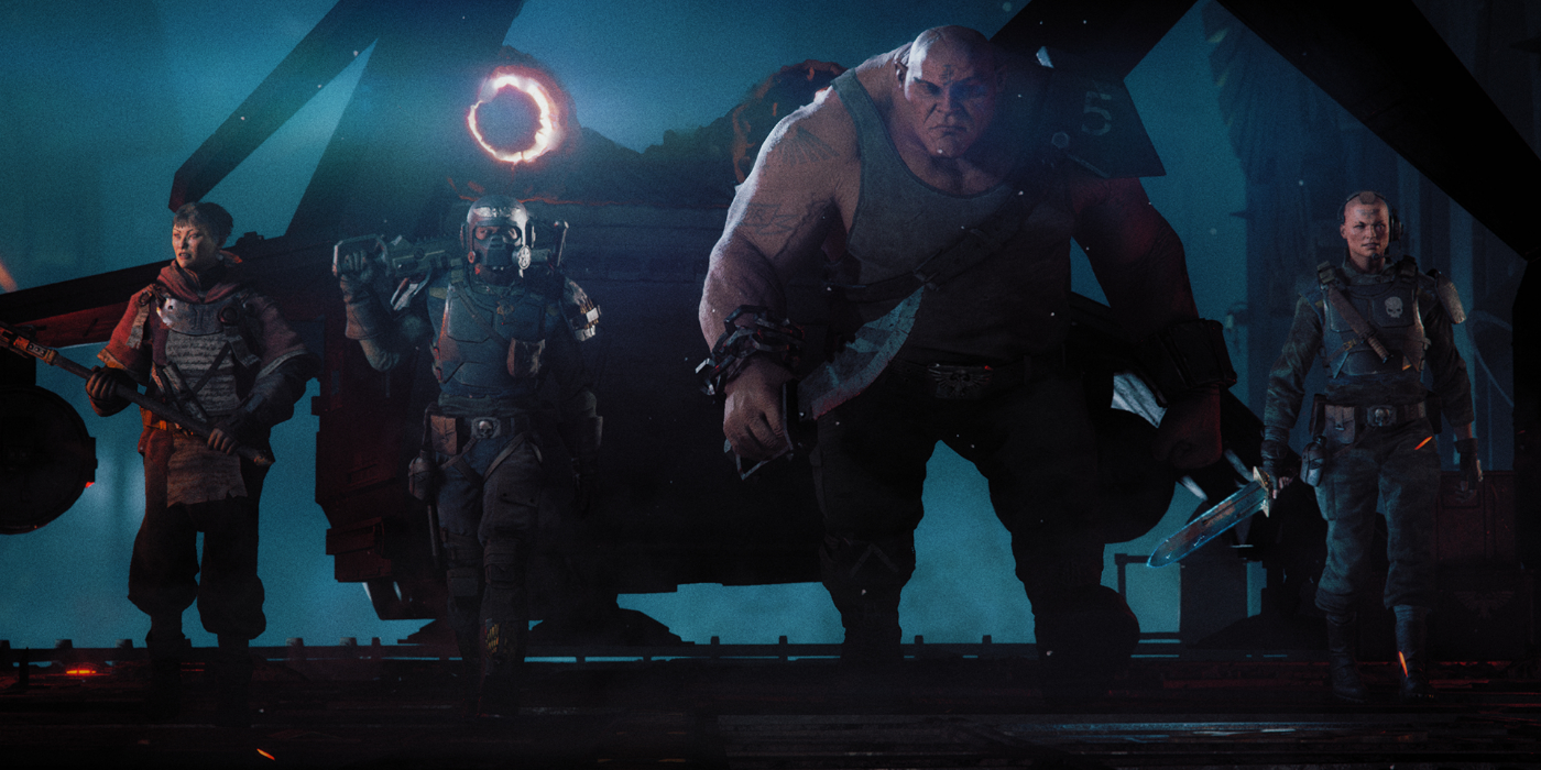 Darktide e os quatro personagens jogáveis ​​iluminados em um ambiente escuro