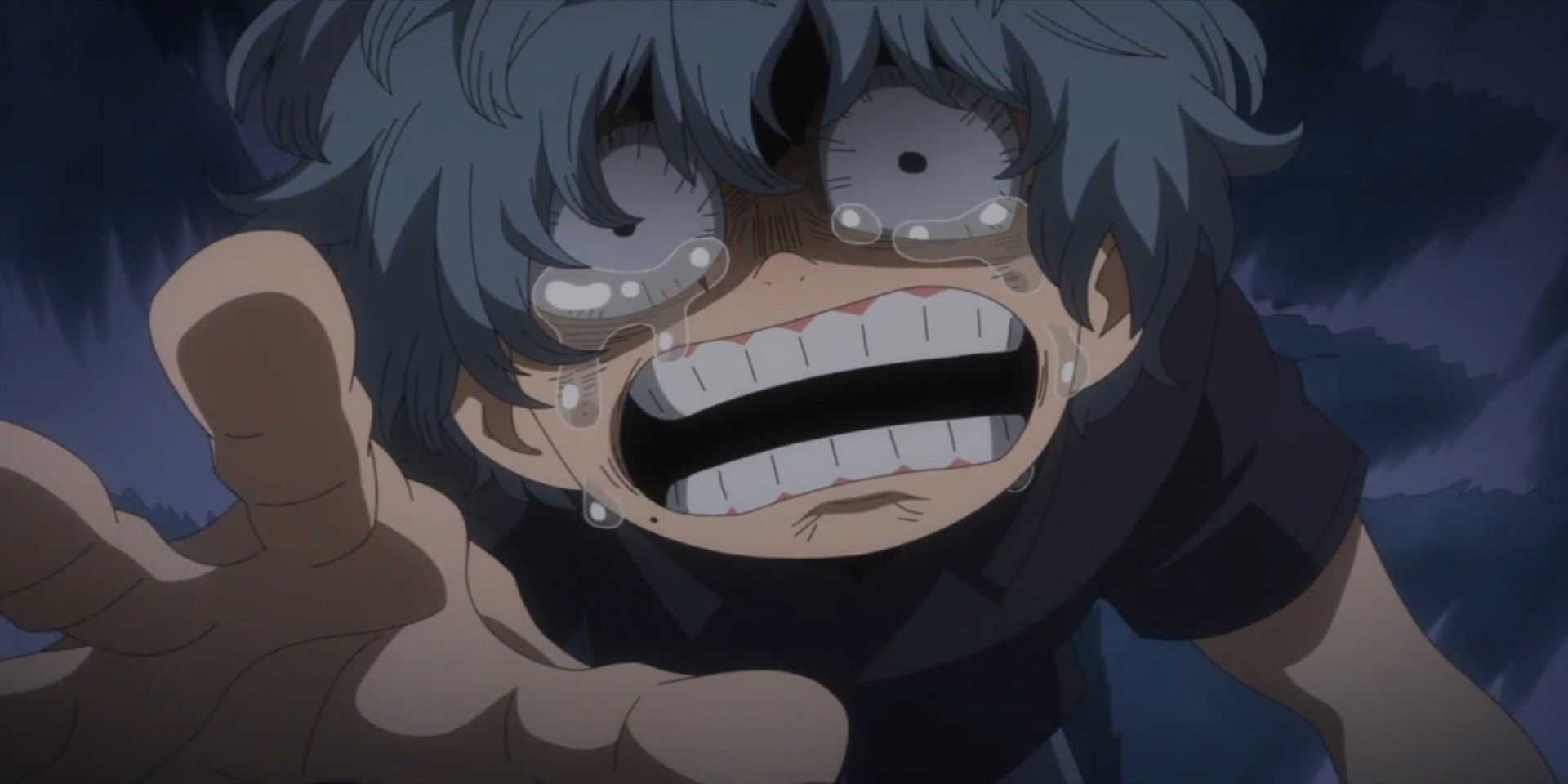 Um jovem Tenko chorando no episódio Tenko Shimura Origin de My Hero Academia