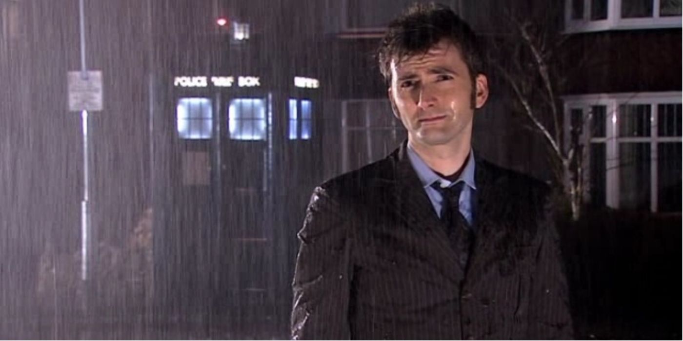 Tenth Doctor talks to Wilfred in the rain in Doctor Who