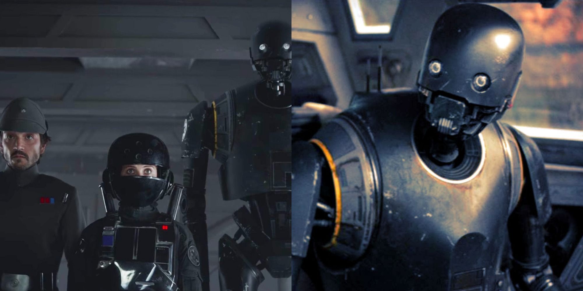 Split image of Andor, Jyn and K-2SO in Rogue One: A Star Wars Story