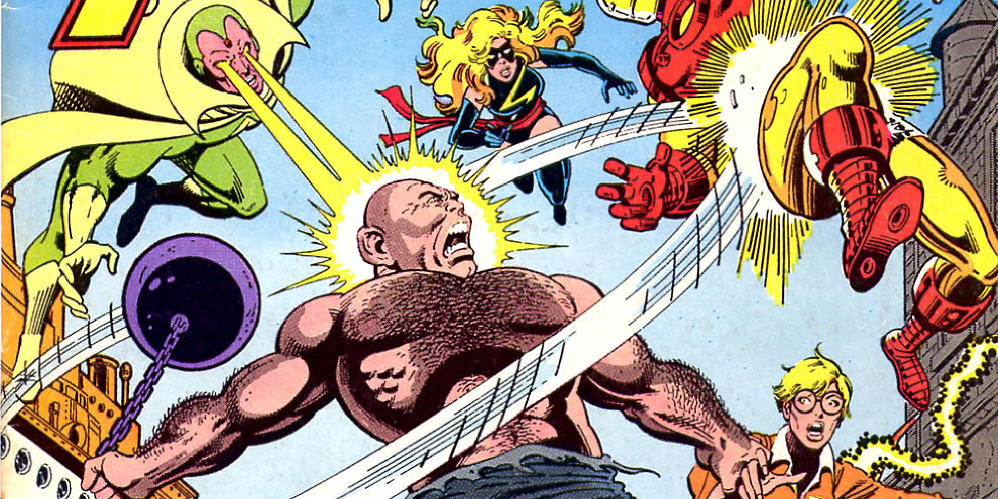 The Avengers fight the Absorbing Man in Marvel Comics.