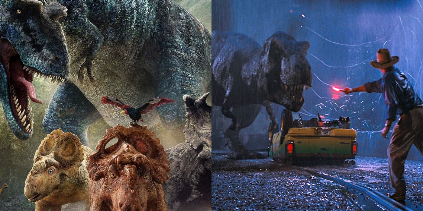 Split image showing scenes from Walking With Dinosaurs & Jurassic Park