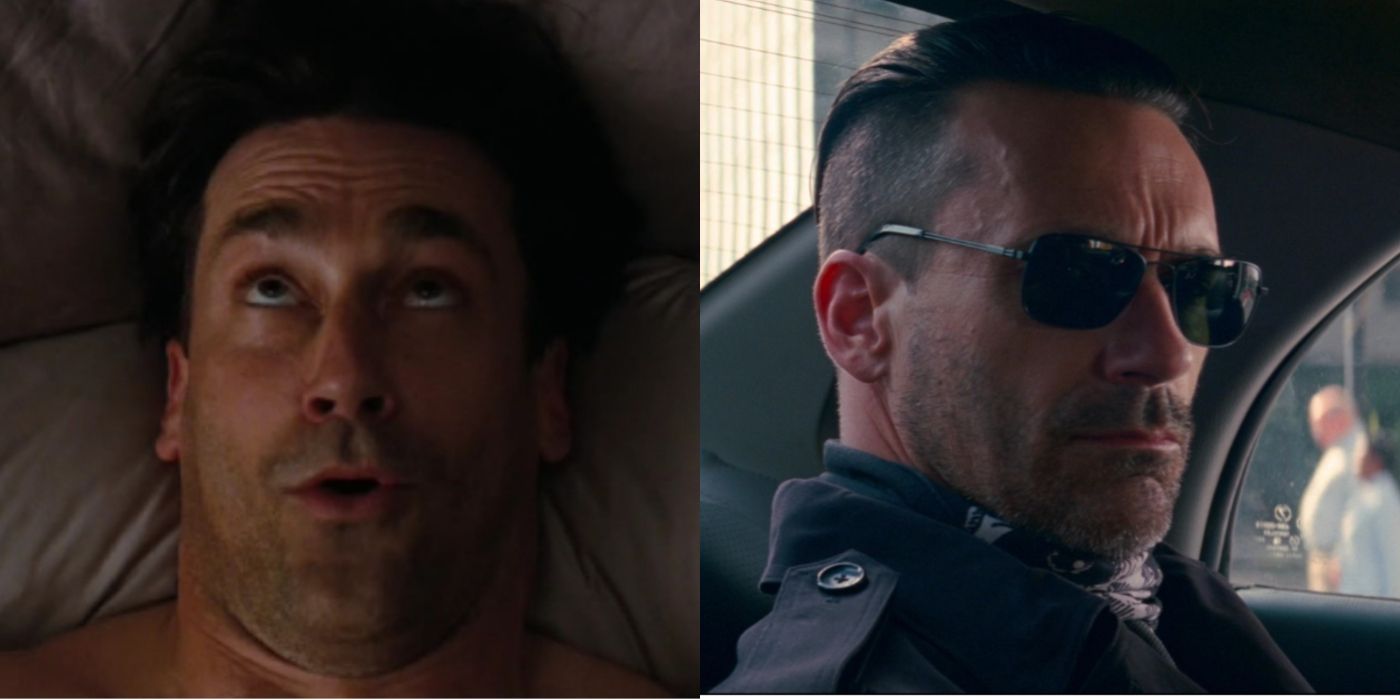Split image showing Jon Hamm in Bridesmaids and Baby Driver