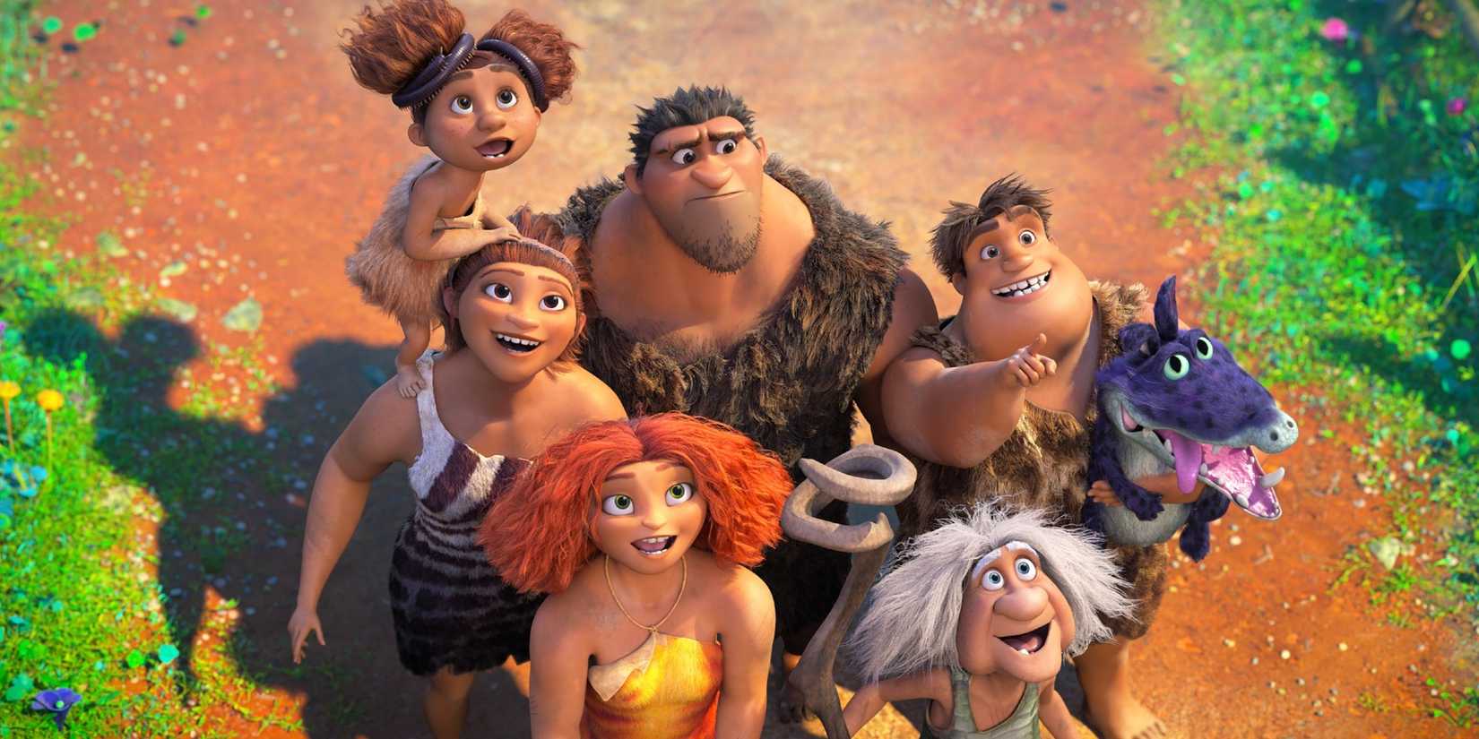 All the Croods gathered and looking up in wonder in The Croods 2: A New Age