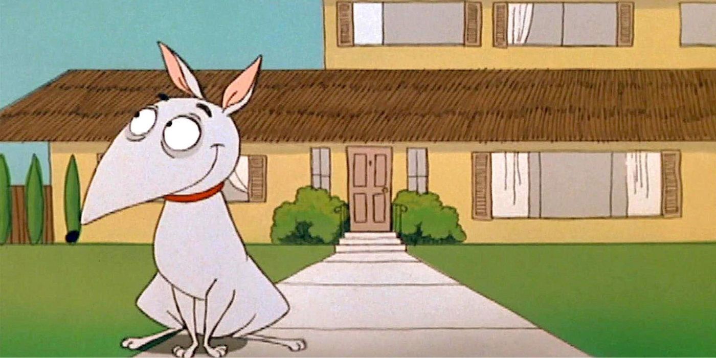 A dog sitting outside a house in Amazing Stories.