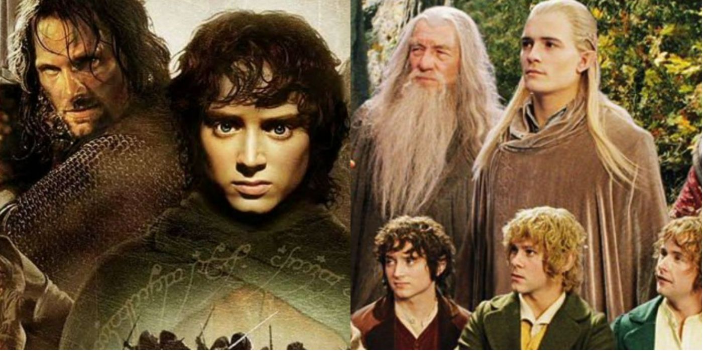 A split image showing the cover image for The Fellowship of the Ring on the left and members of the Fellowship standing in Rivendell on the right from The Lord of the Rings