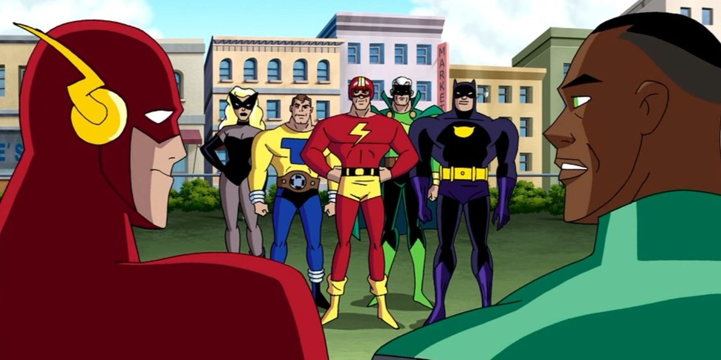 The Flash and Green Lantern look at the Justice Society in Justice League 