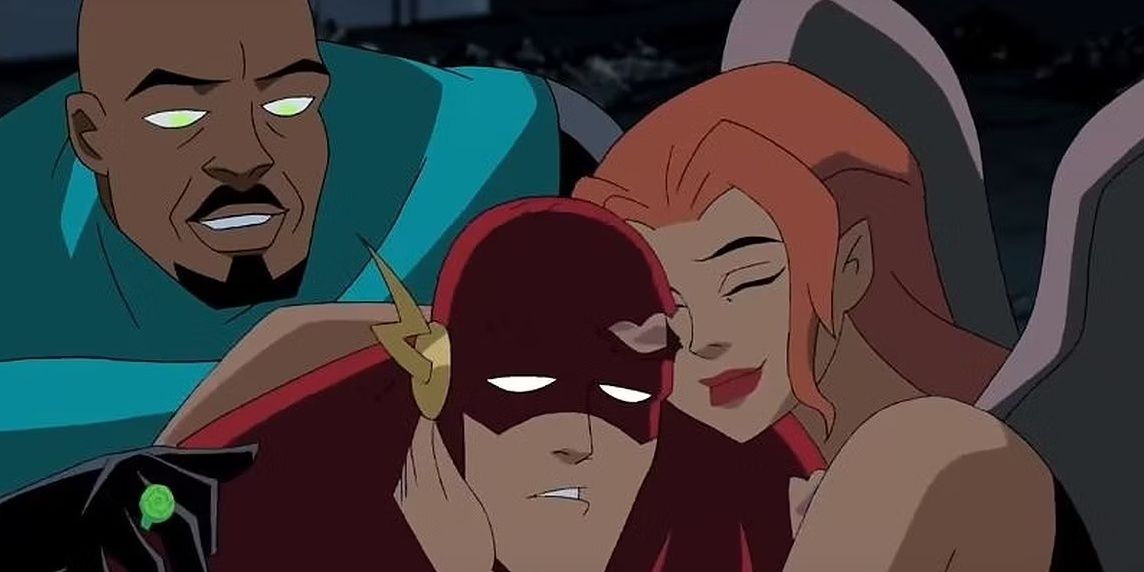 The Flash hugged by Hawkgirl and Green Lantern in Justice League Unlimited 