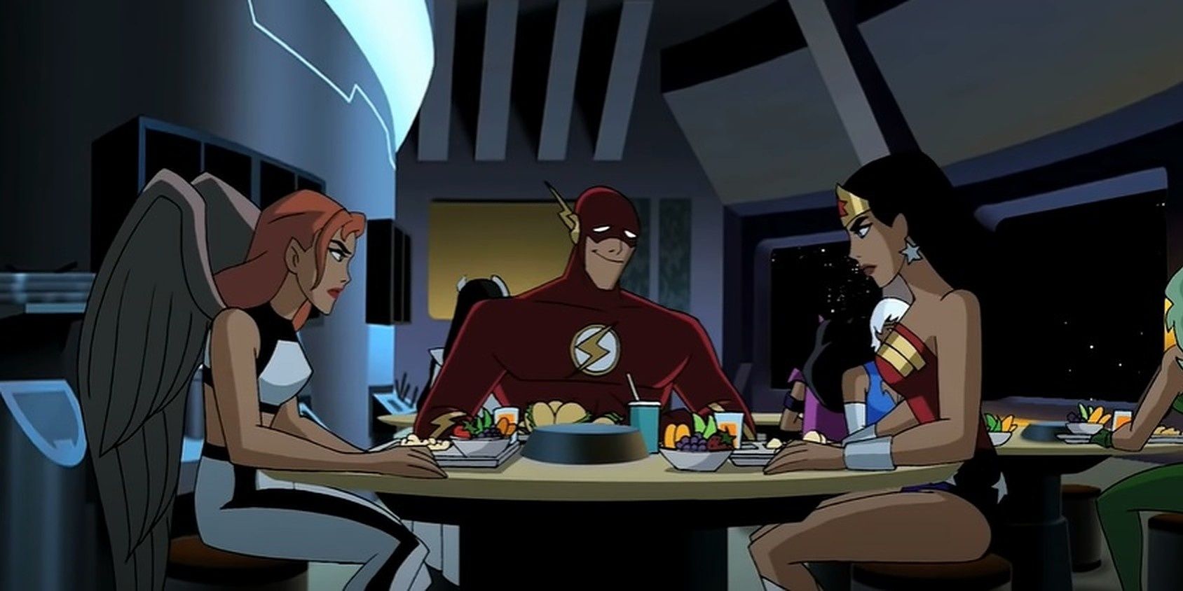 The Flash talks to Hawkgirl and Wonder Woman in Justice League Unlimited 