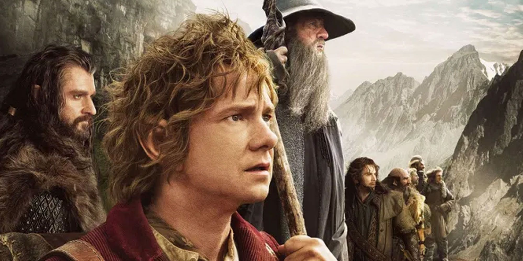 The cast of The Hobbit looking into the distance