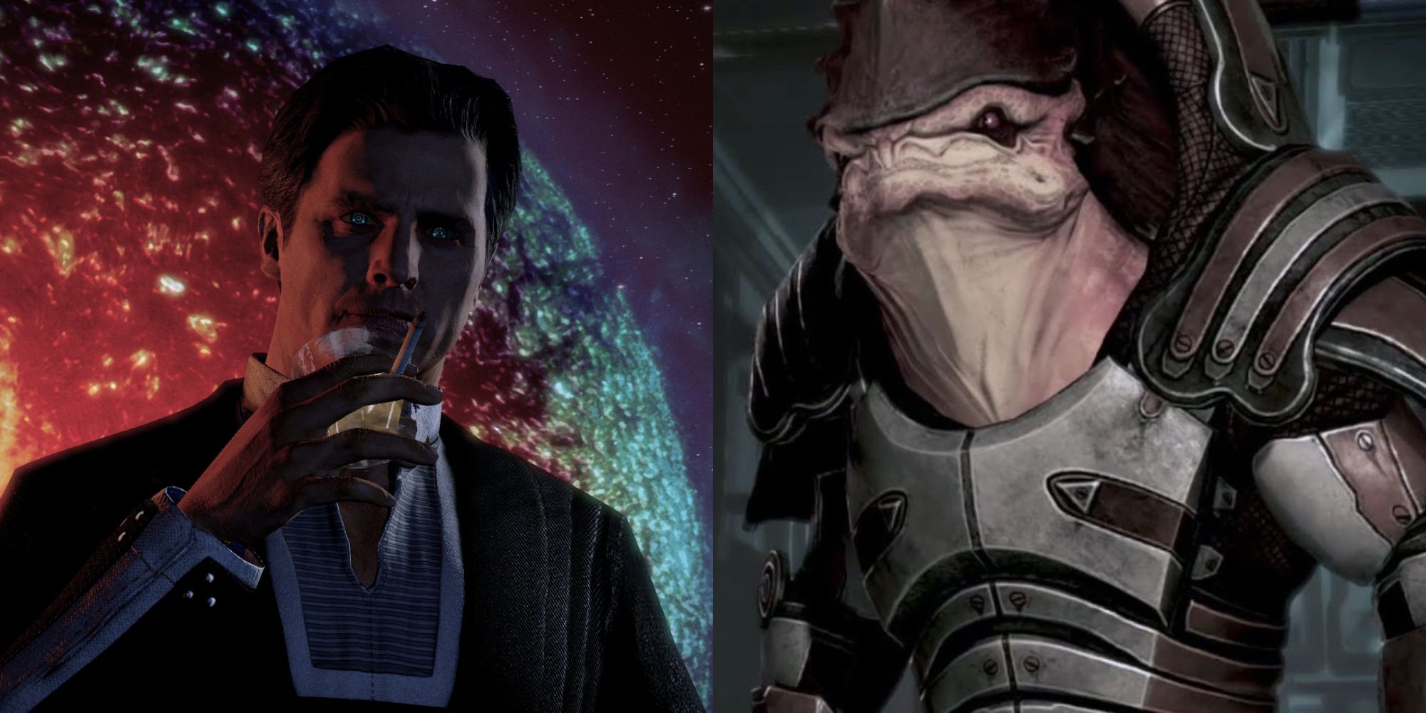 Split image showing The Illusive Man and Urdnot Wreav in Mass Effect.