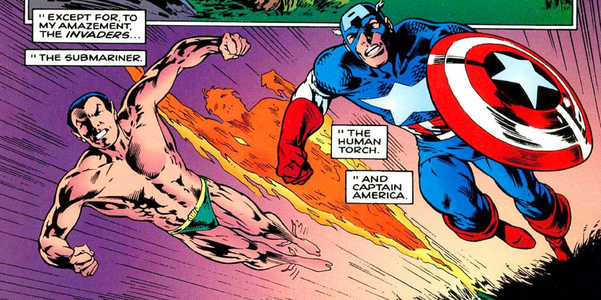 The Invaders rush into battle in Marvel Comics.