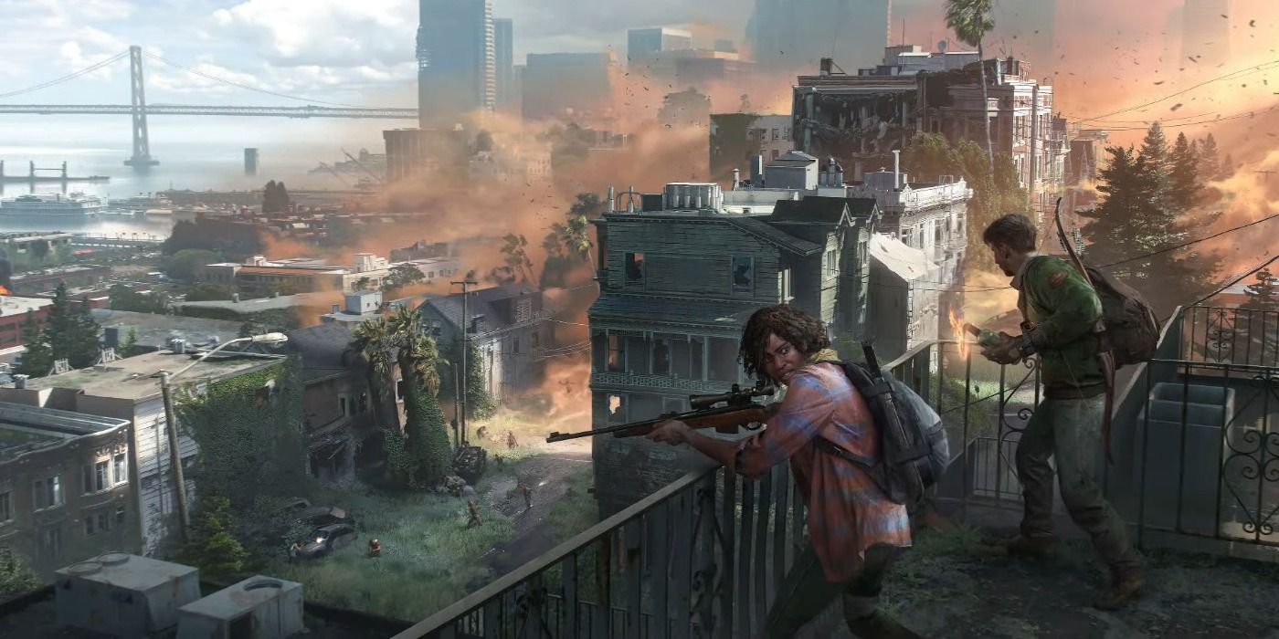 Concept art for The Last of Us standalone multiplayer game in production, showing characters pointing their weapons off a rooftop overlooking what appears to be San Fransisco.