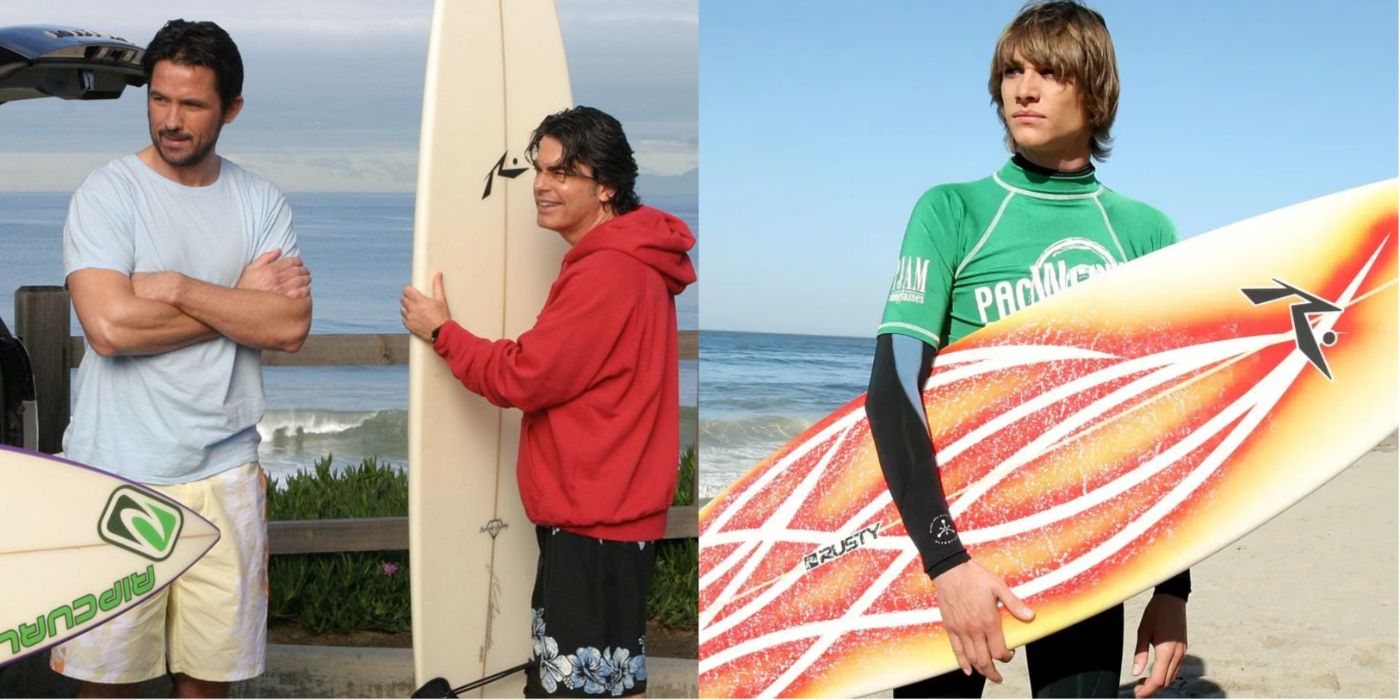 Split Image of Sandy and Johnny holding Surfboards on The OC