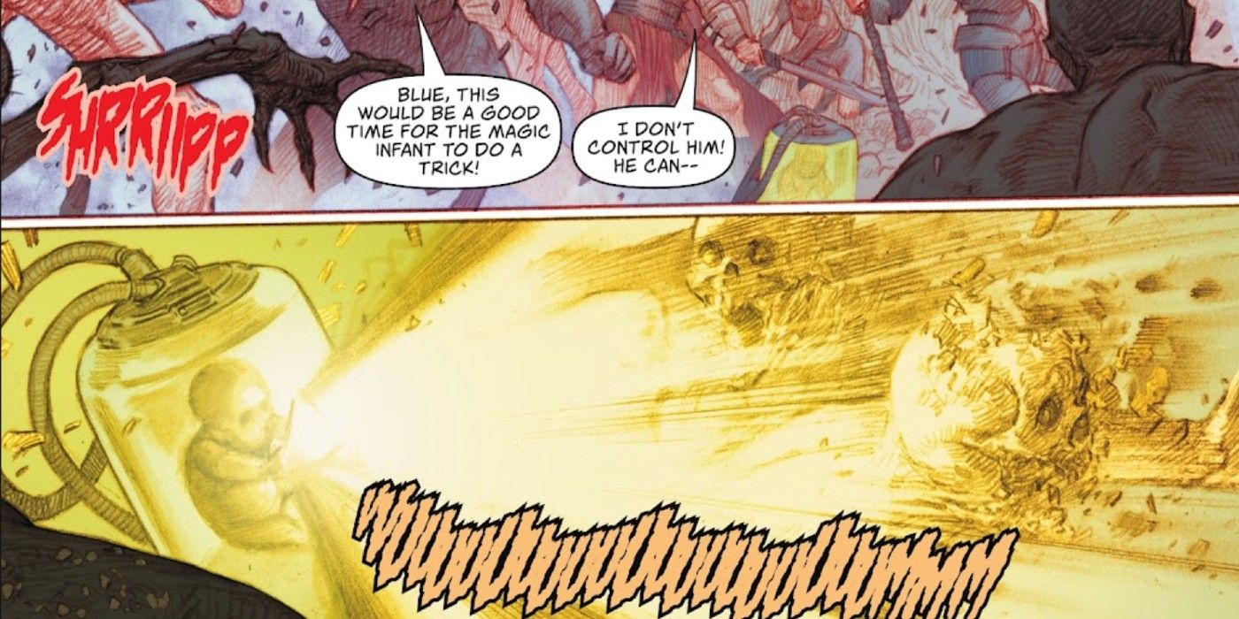 The Orphan baby kills enemies on Warworld in Action Comics #1044.