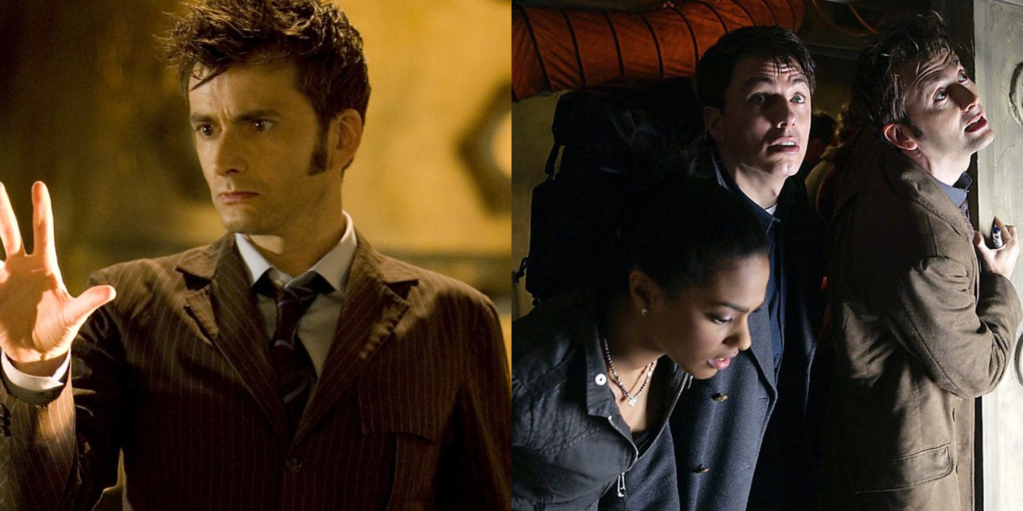 Split image showing The Tenth Doctor alone and with companions in Doctor Who.