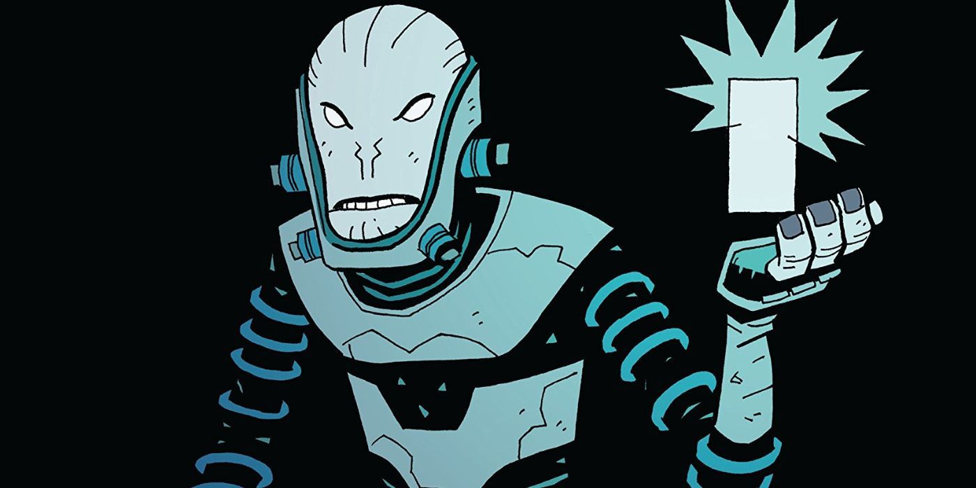 A robot holding a shining object in Marvel comics.