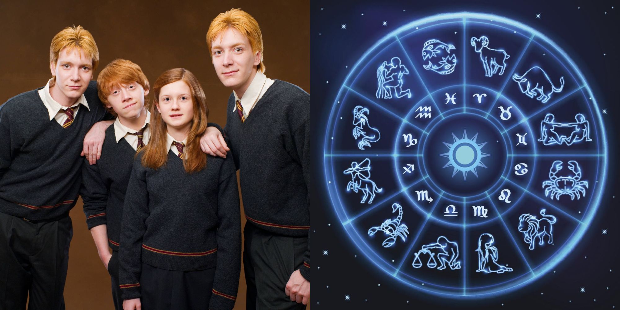 Split image showing The Weasley siblings and a zodiac wheel.