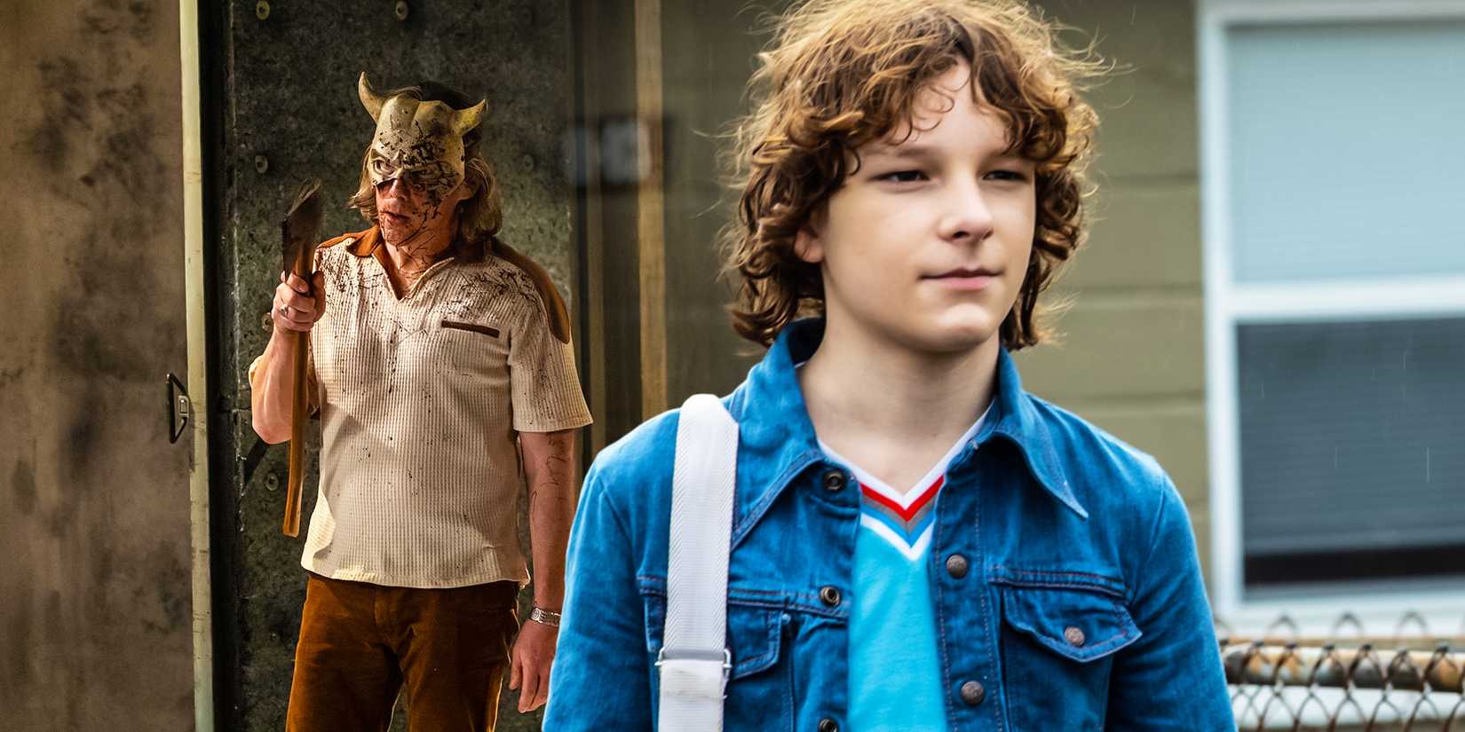 A composite image of a kid looking on with the Grabber from Black phone holding an ax