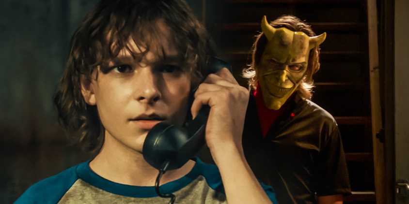 Collage of Finney on the phone and The Grabber in the background in The Black Phone