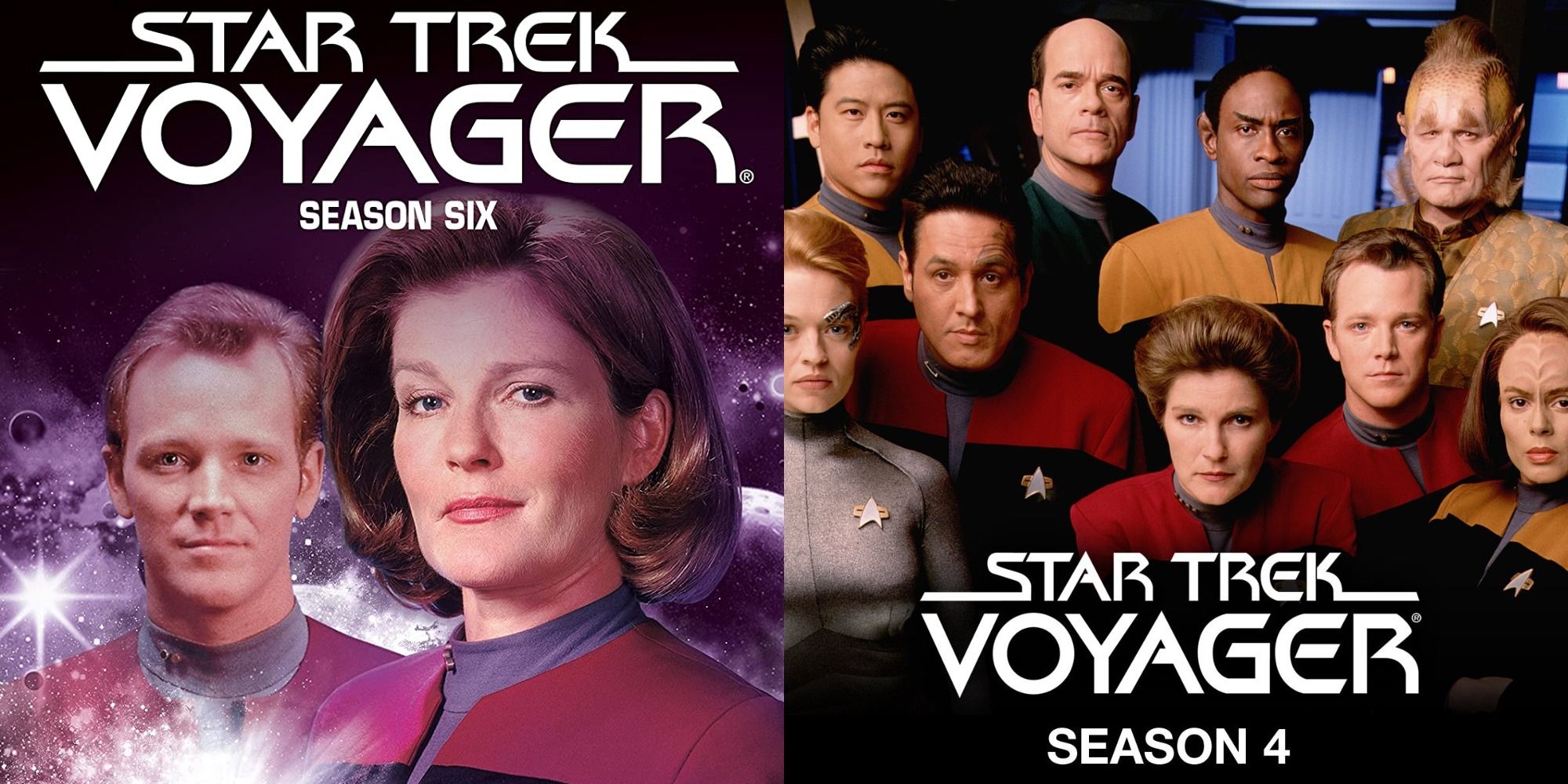 Split image showing the cast of Star Trek Voyager seasons 6 and 4