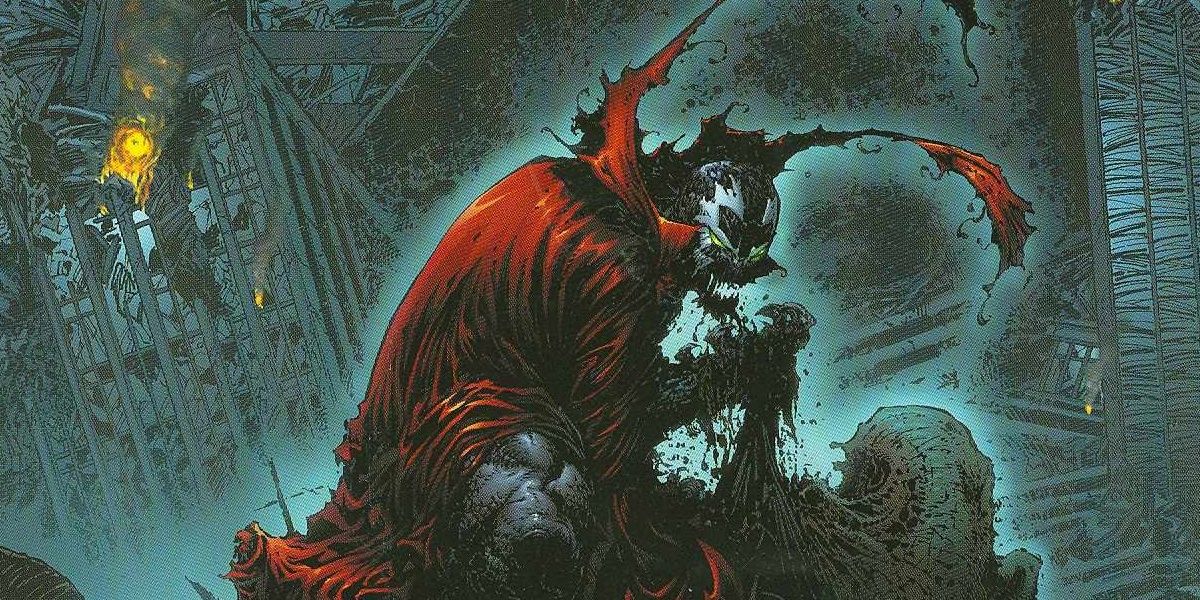The cover of Spawn Armageddon featuring Spawn crouching on a pile of dead bodies 