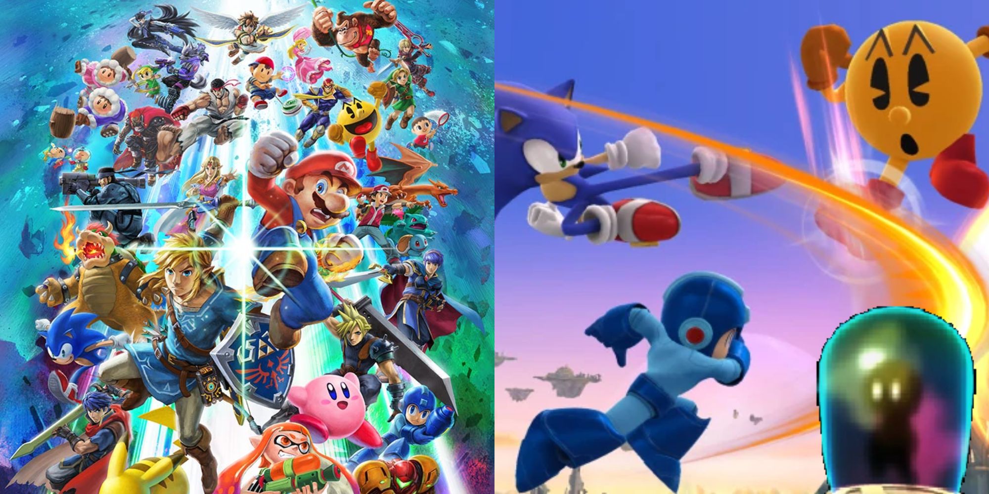 Split image showing the cover of Super Smash Bros. and Sonic, Megaman, and Pacman fighting.