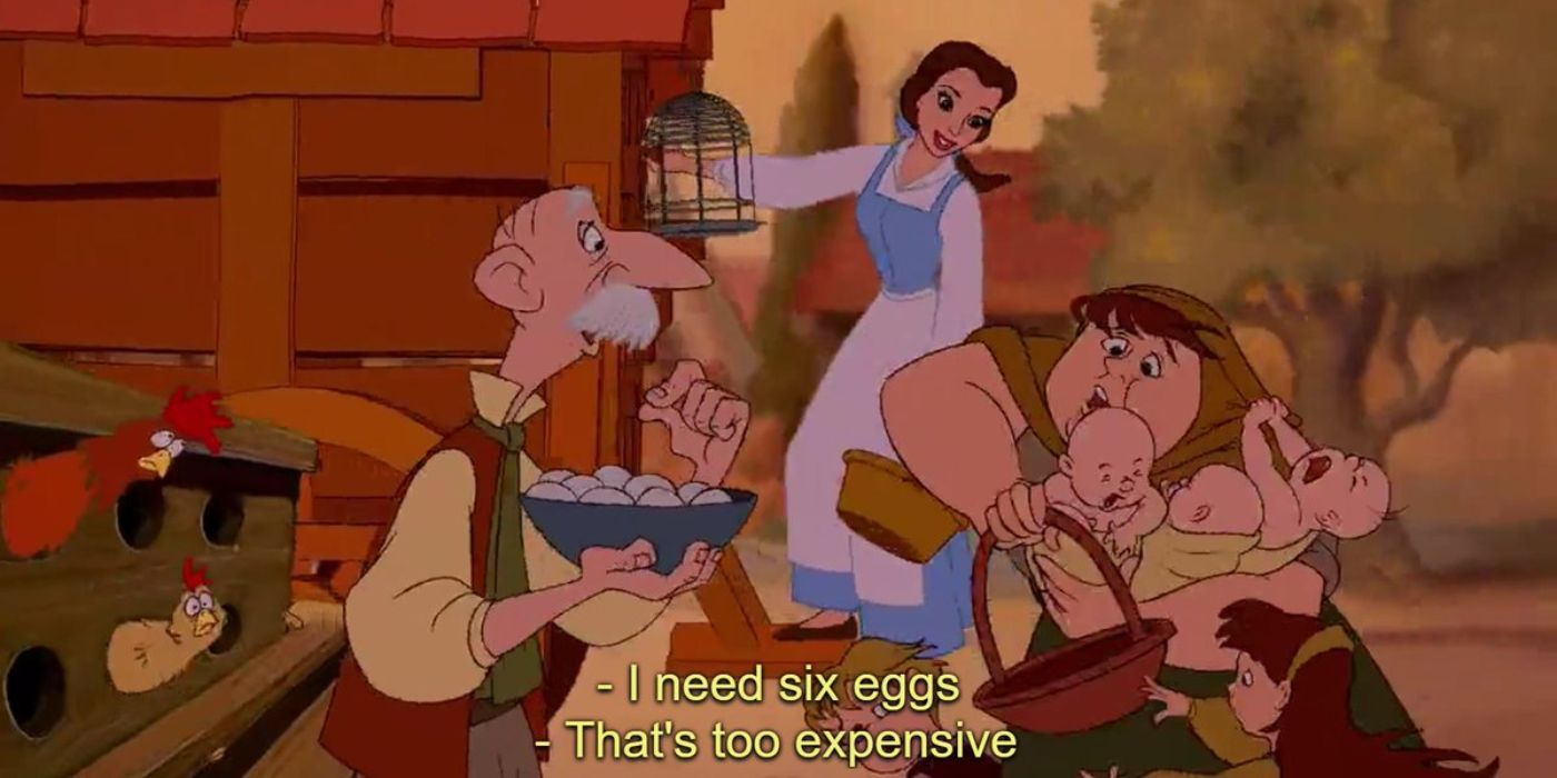 The opening scene to Beauty and the Beast with a woman asking someone for eggsThe opening scene to Beauty and the Beast with a woman asking someone for eggs