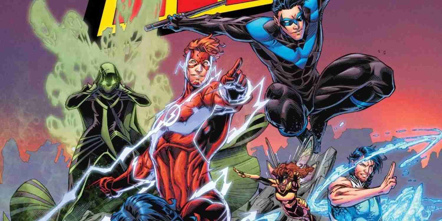 Kid Flash leading the Titans on the ocean.