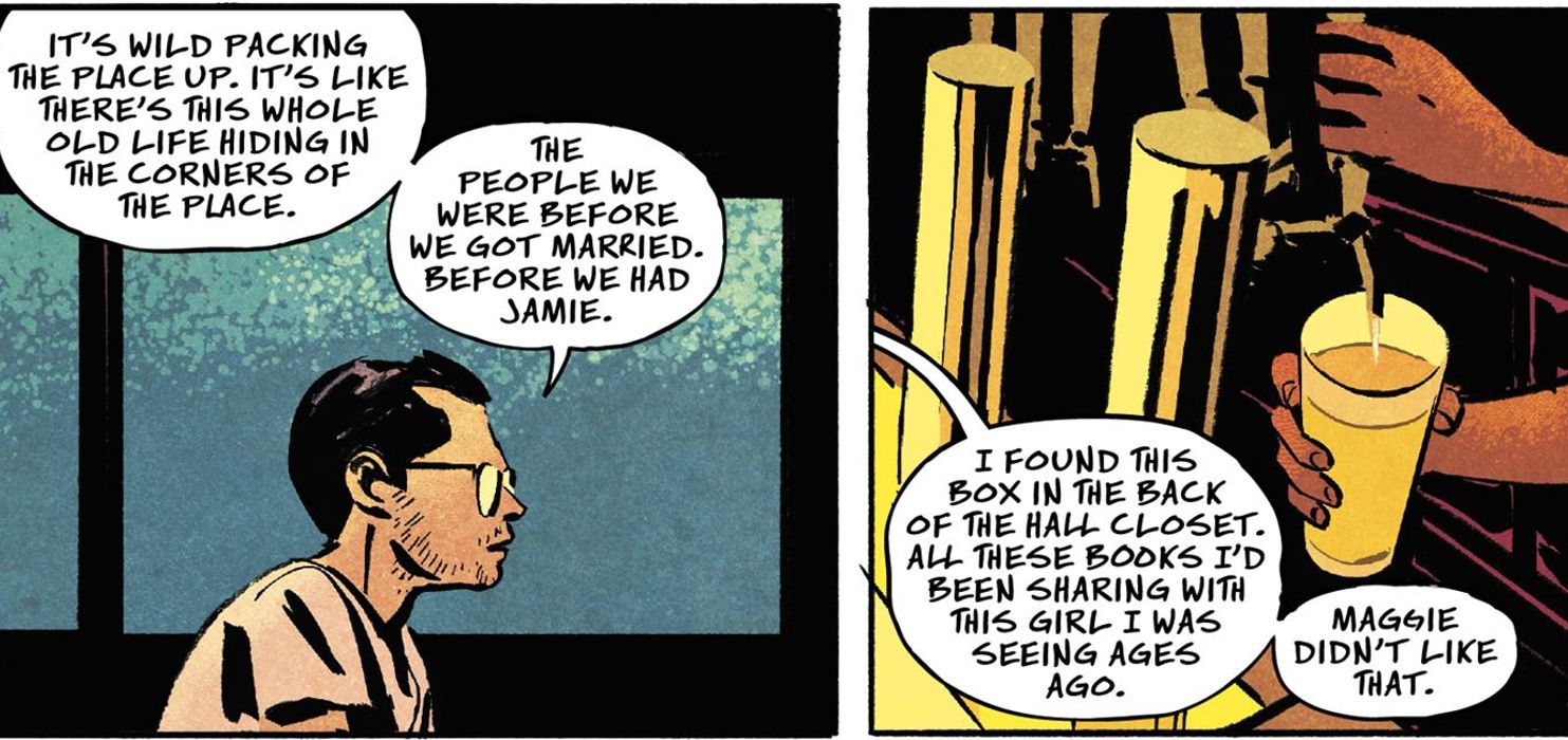 Thom talks to a bartender about his wife Maggie in The Closet from Image Comics