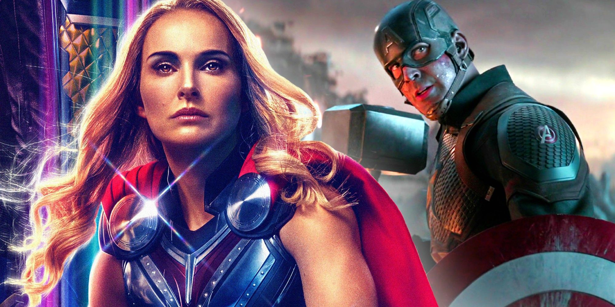 Jane Foster Mighty Thor with Captain America wielding Mjolnir in Avengers Endgame