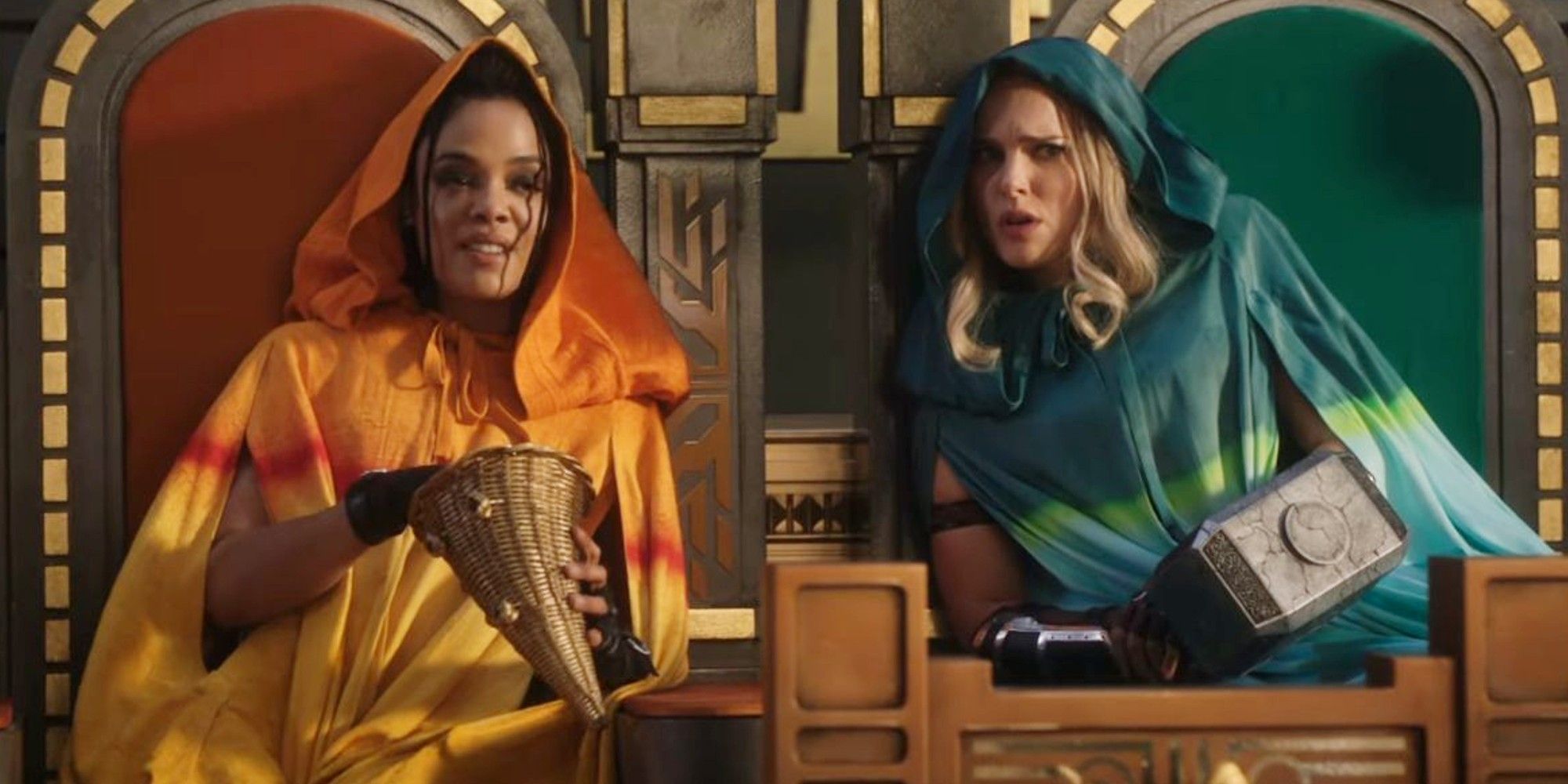 Thor Love and Thunder Tessa Thompson and Natalie Portman as Valkyrie and Jane Foster in Olympus
