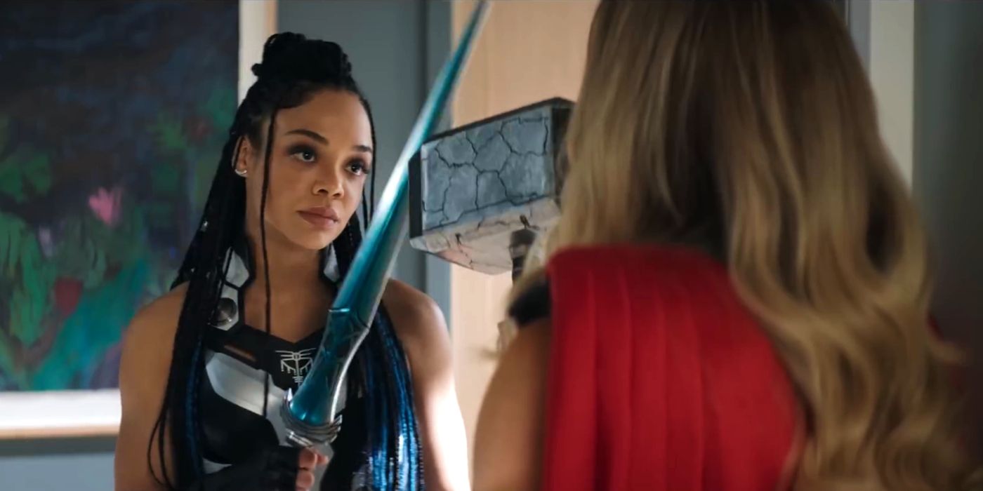 Thor Love and Thunder Valkyrie and Jane Foster hold sword and hammer