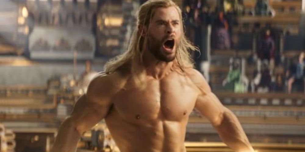 Thor shirtless in Thor Love and Thunder 