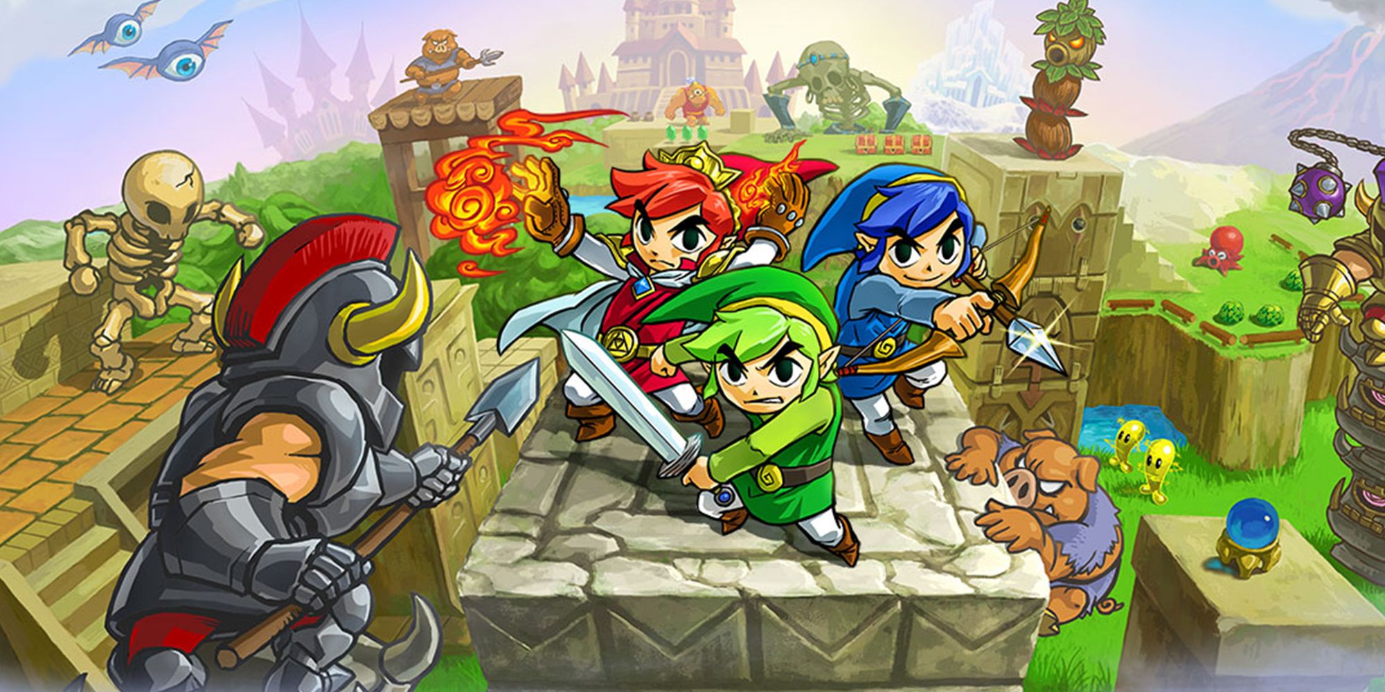 Three Links surrounded by enemies in official box art for The Legend Of Zelda TriForce Heroes