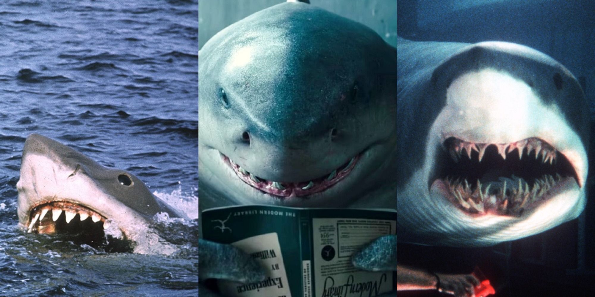 Three images of sharks from movies