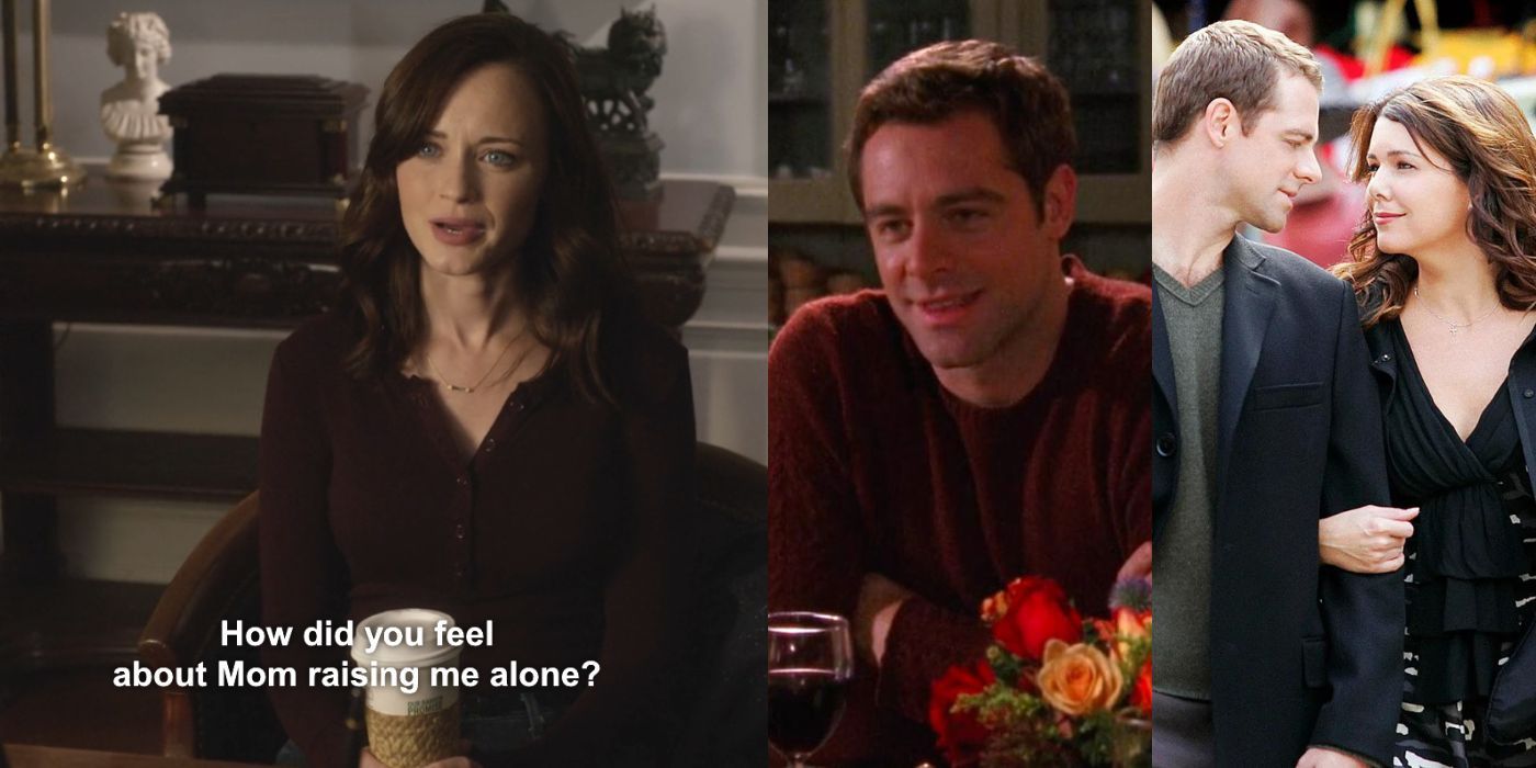 Three split images of Rory, Chris, and Lorelai from Gilmore Girls
