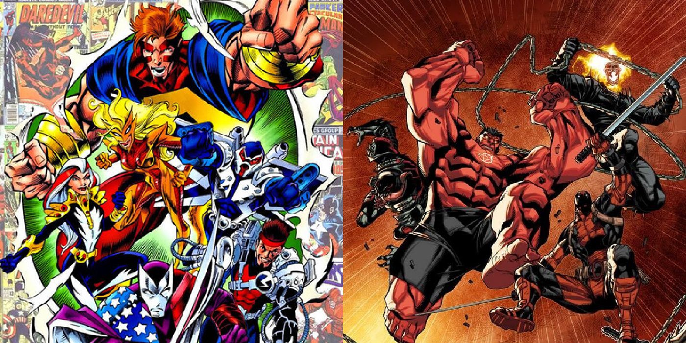 Split image of the original Thunderbolts team and the Red Hulk roster from Marvel Comics.