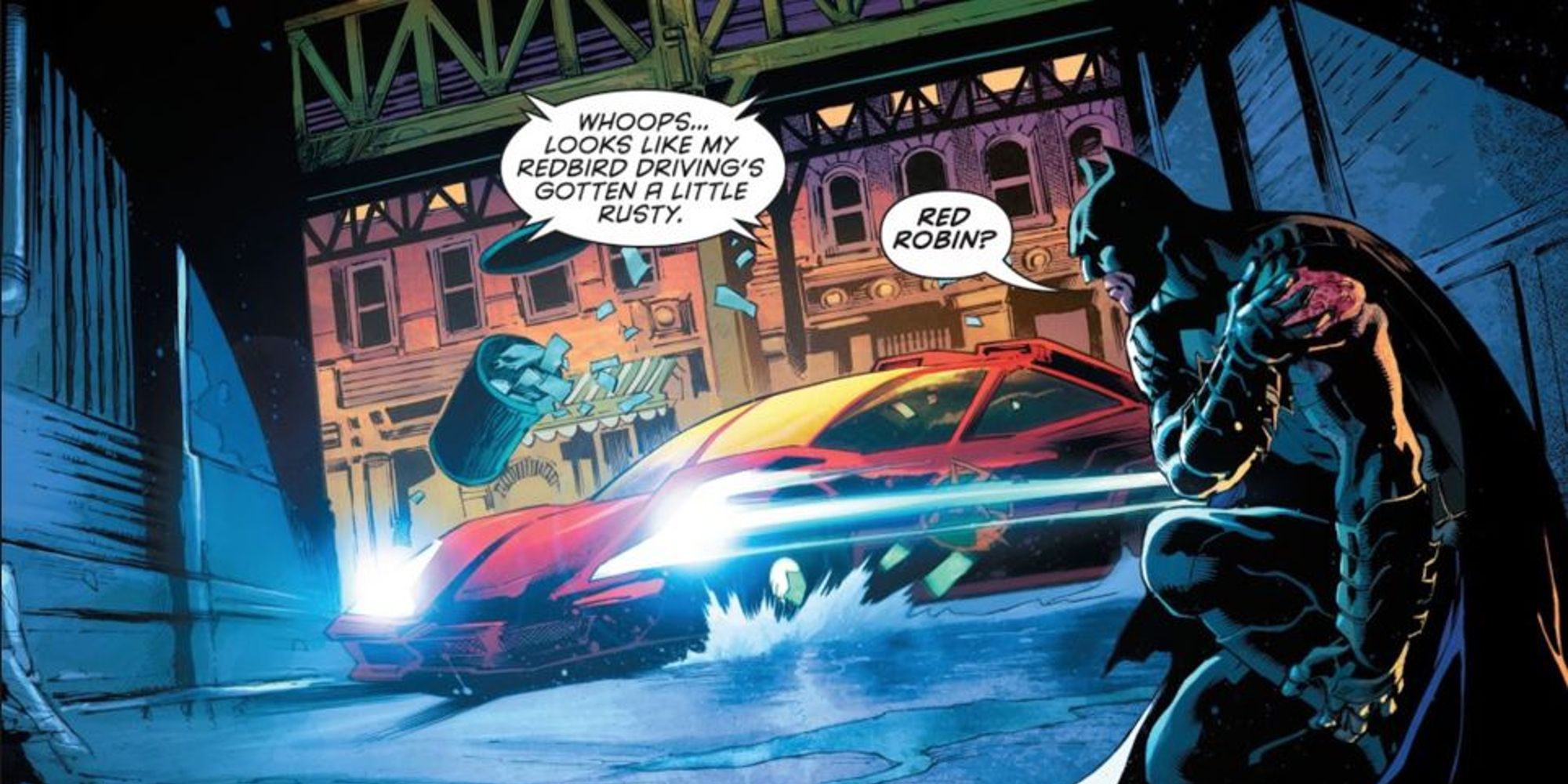 Tim Drake driving the Redbird car up to Batman in Batman comics