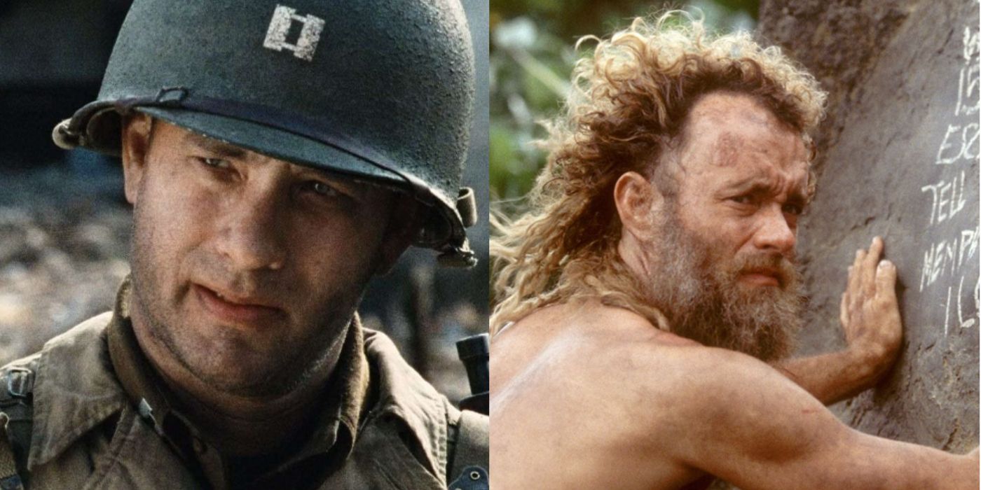 Split image of image of Tom Hanks in Saving Private Ryan and Cast Away