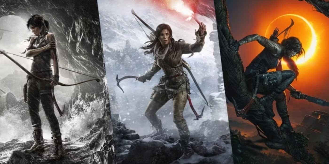 Promo art of Lara Croft in Tomb Raider, Rise of the Tomb Raider, and Shadow of the Tomb Raider settings.