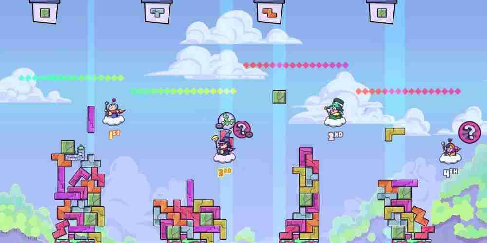 A series of Trick Towers are being built in Tricky Towers on Nintendo Switch.