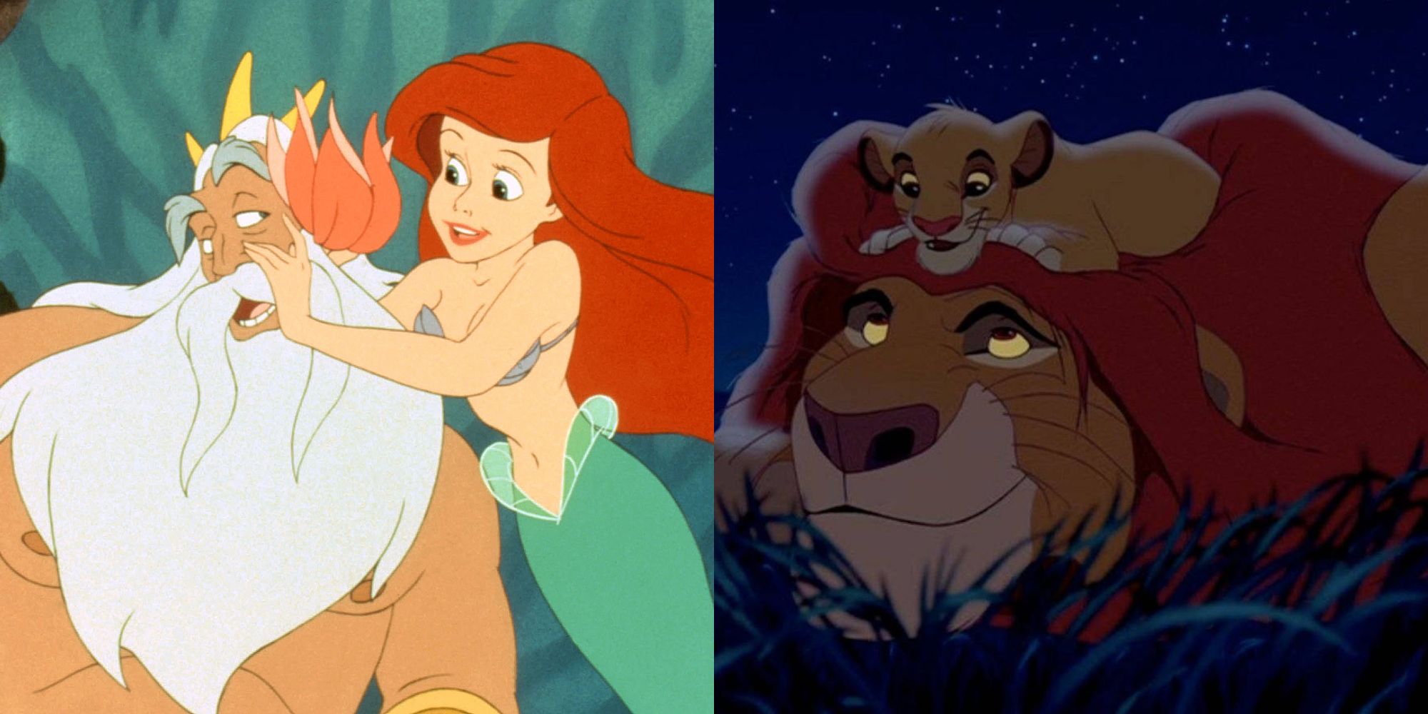 Split image showing Triton and Ariel in The Little Mermaid and Simba and Mufasa in The Lion King.
