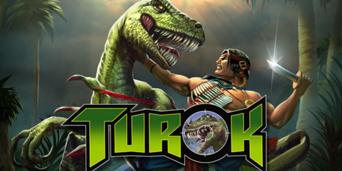 Turok fighting with a raptor in Turok: Dinosaur Hunter promo art.