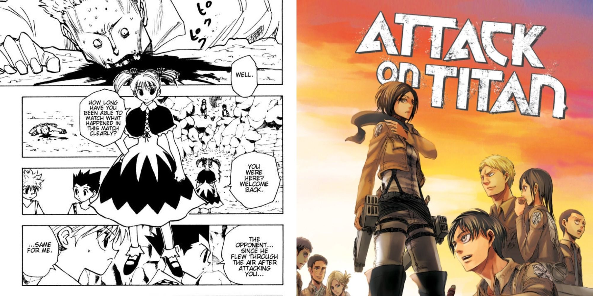 Two side by side images of the cover of an Attack on Titan manga and a panel from Hunter X Hunter