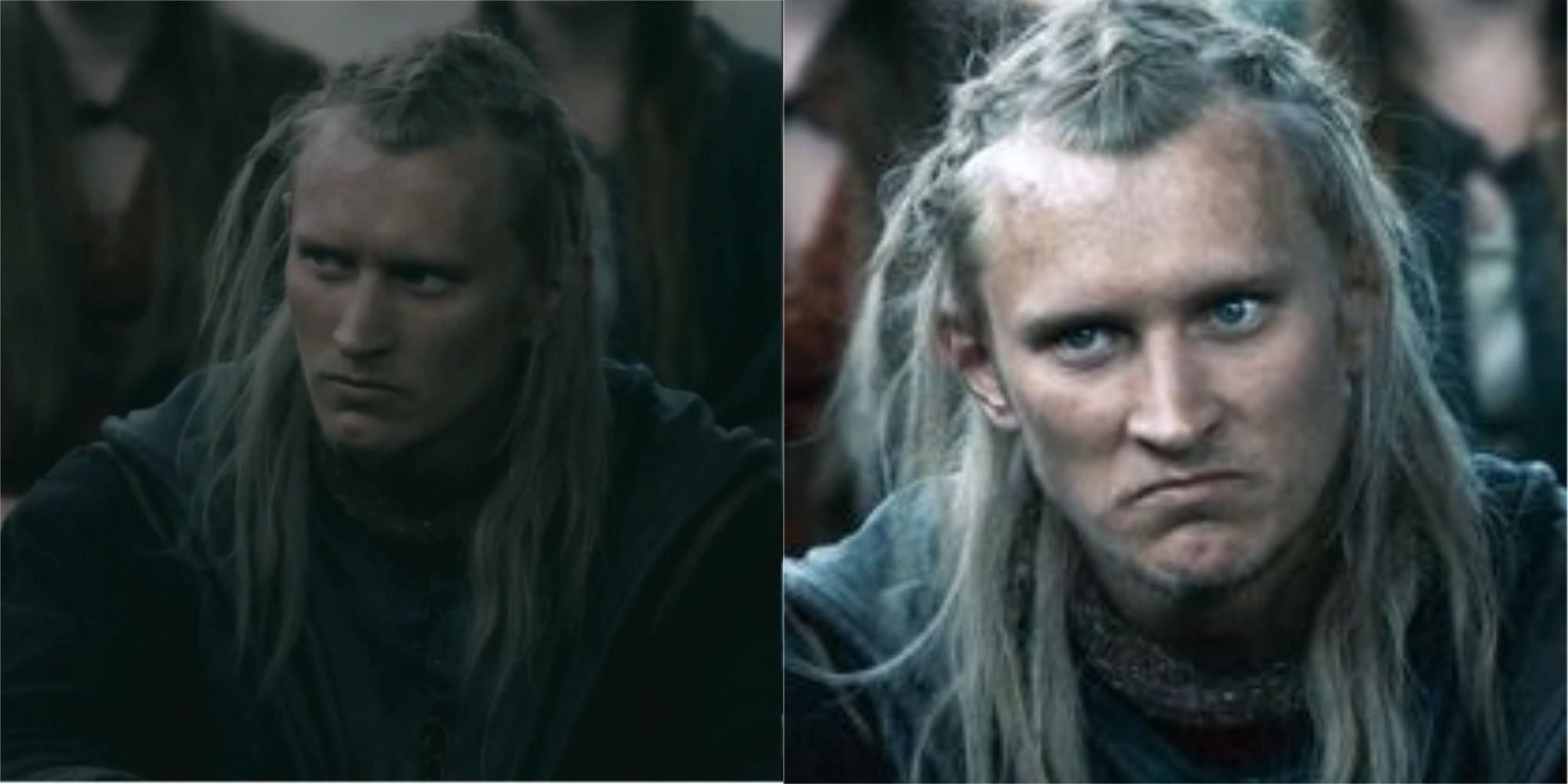 Two split images of Bul in Vikings