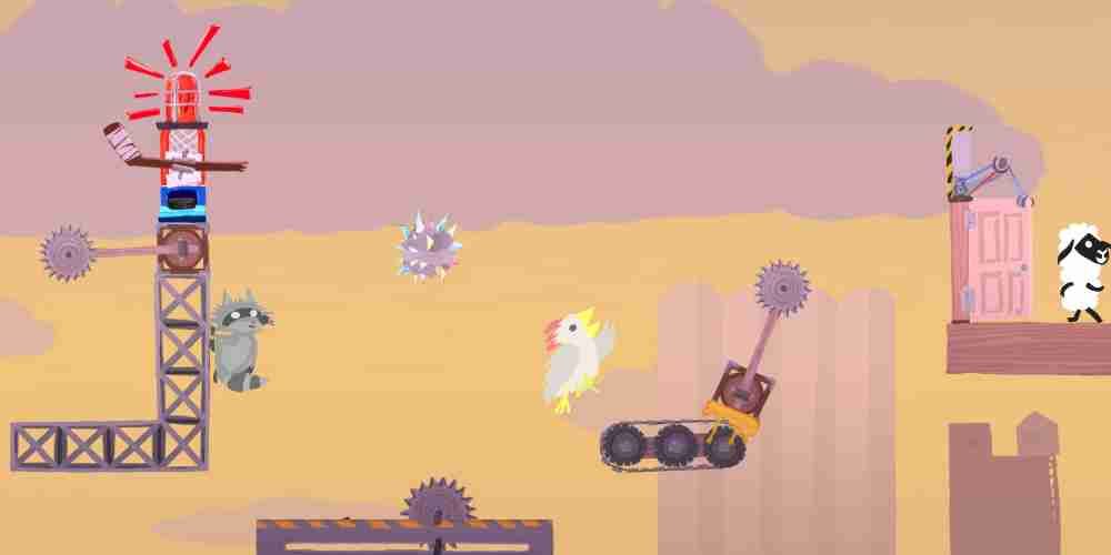 A raccoon, a chicken, and a horse climb level geometry in Ultimate Chicken Horse.