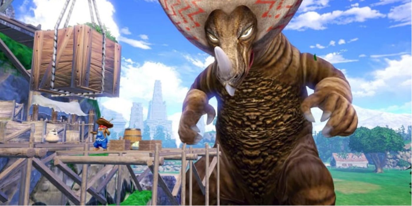 Gameplay still of a giant monster in a settlement in Ultra Kaiju Monster Rancher.