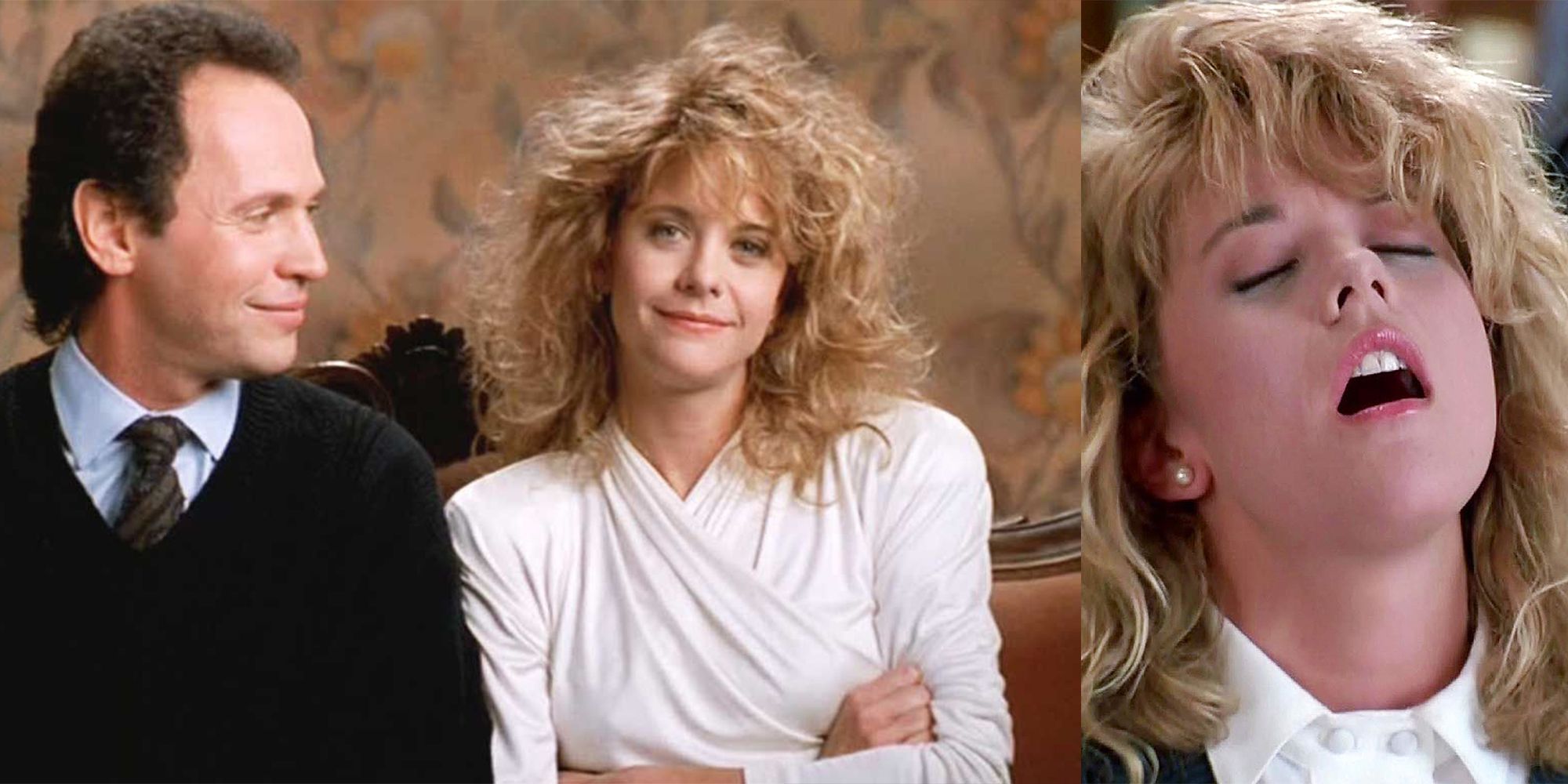 Split image of Harry and Sally together, and Sally pretending in When Harry Met Sally.